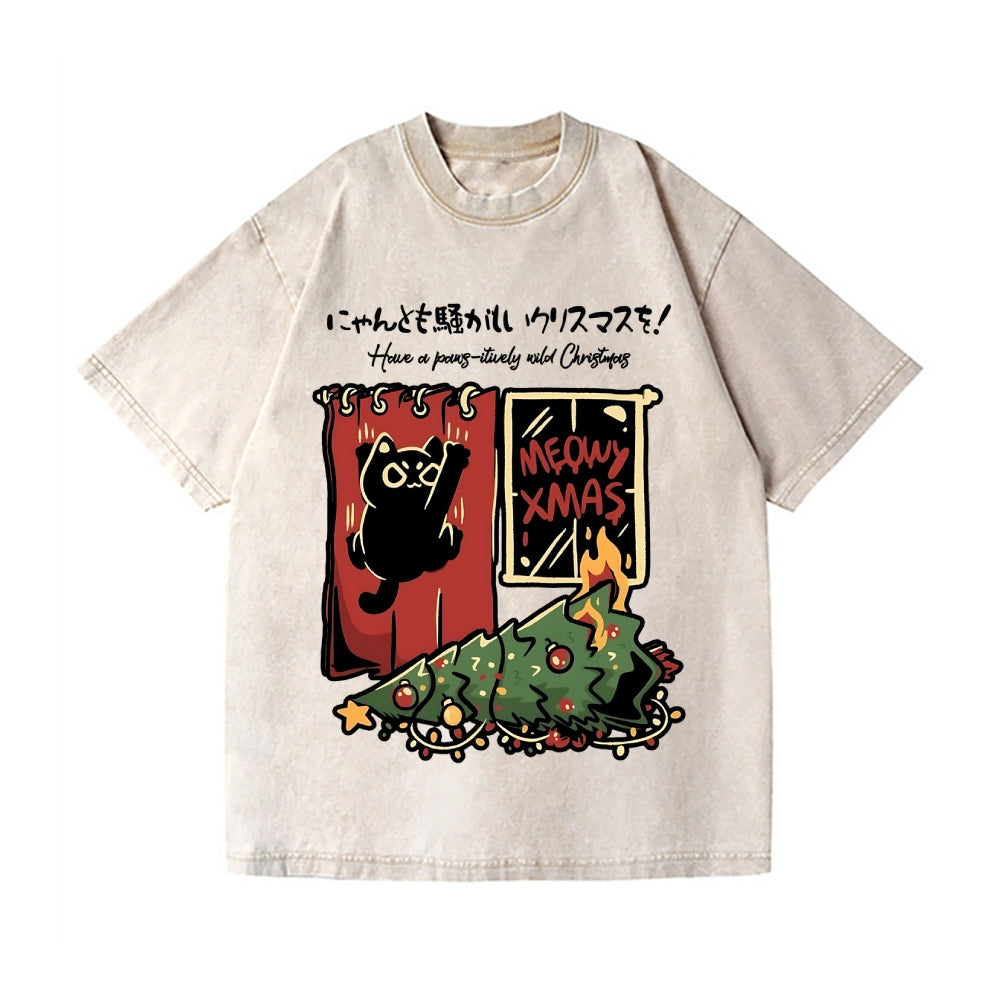 Christmas Cat Tree Vintage Wash Japanese Design T-Shirt