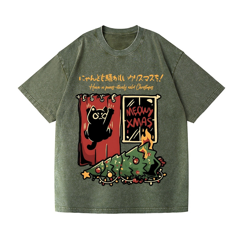 Christmas Cat Tree Vintage Wash Japanese Design T-Shirt
