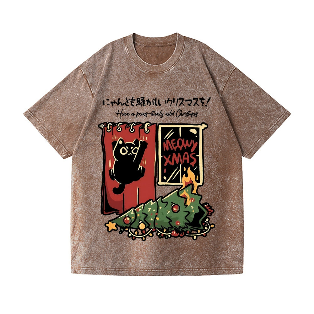 Christmas Cat Tree Vintage Wash Japanese Design T-Shirt