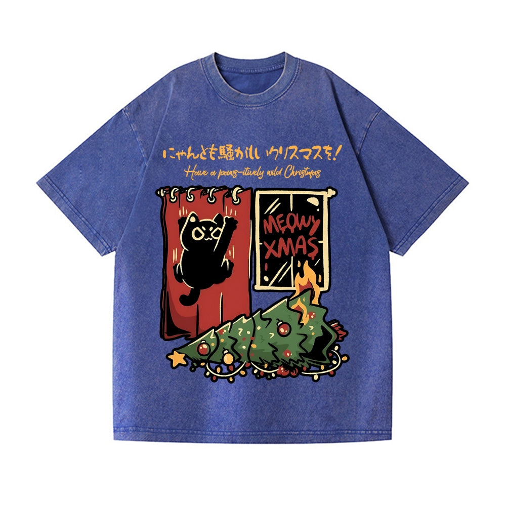 Christmas Cat Tree Vintage Wash Japanese Design T-Shirt