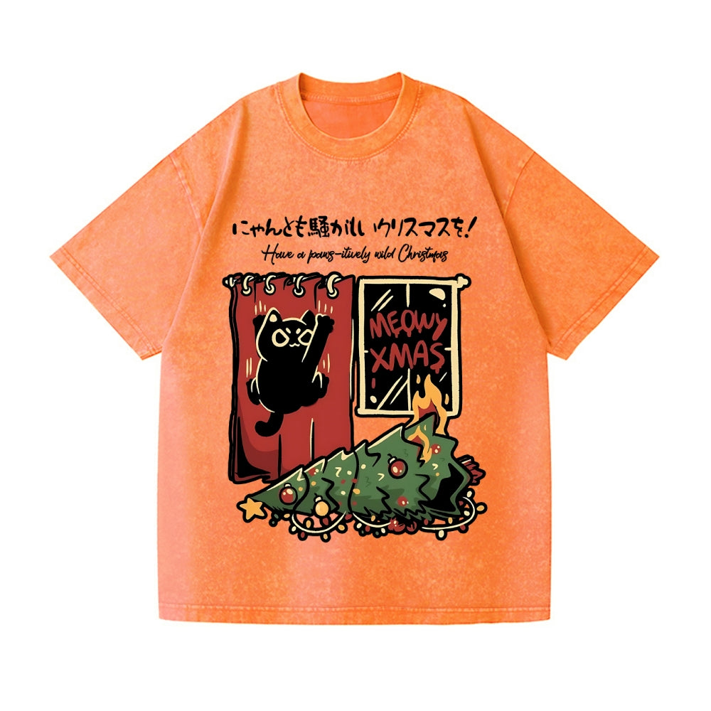 Christmas Cat Tree Vintage Wash Japanese Design T-Shirt