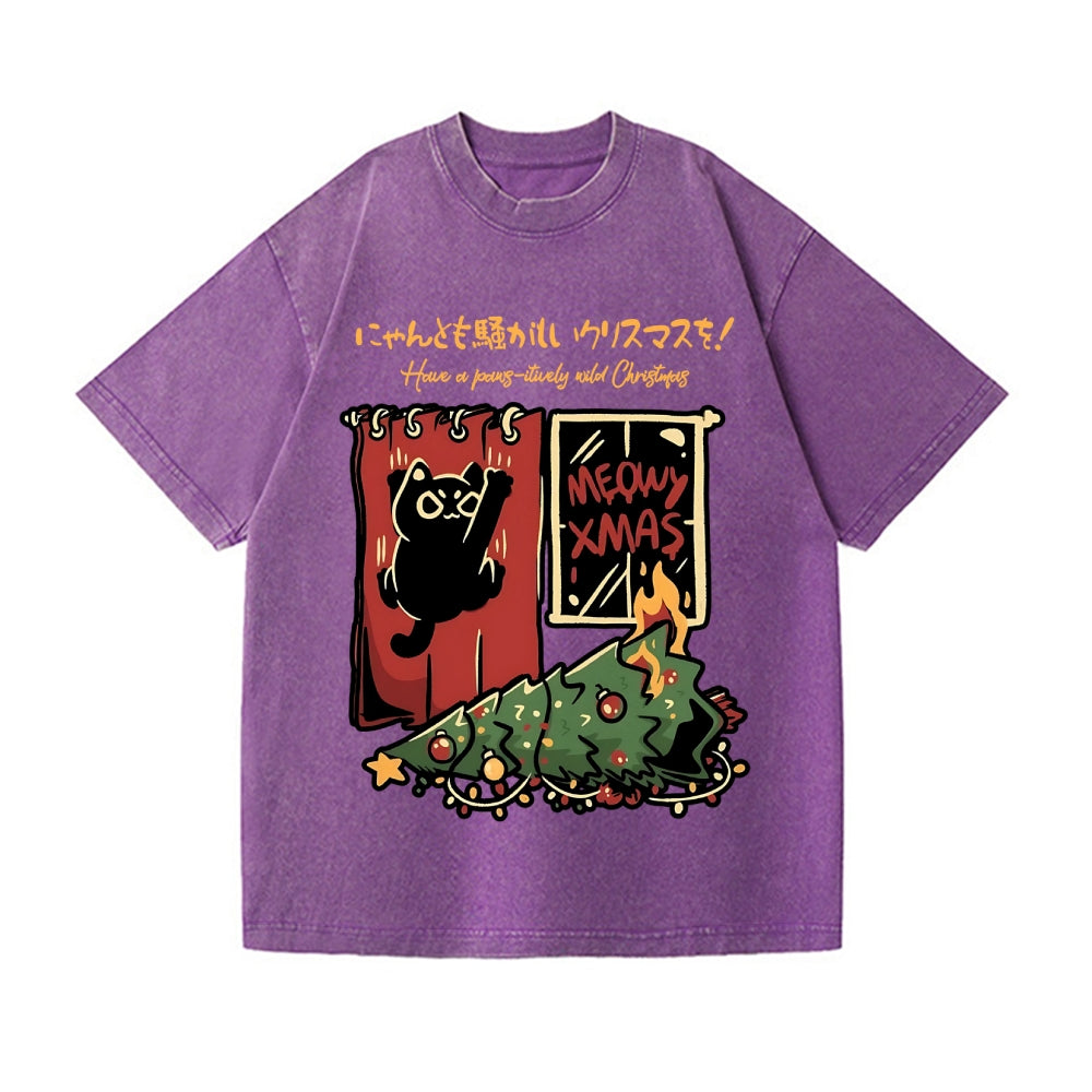Christmas Cat Tree Vintage Wash Japanese Design T-Shirt