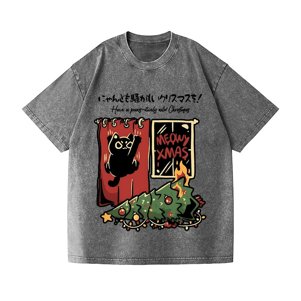 Christmas Cat Tree Vintage Wash Japanese Design T-Shirt