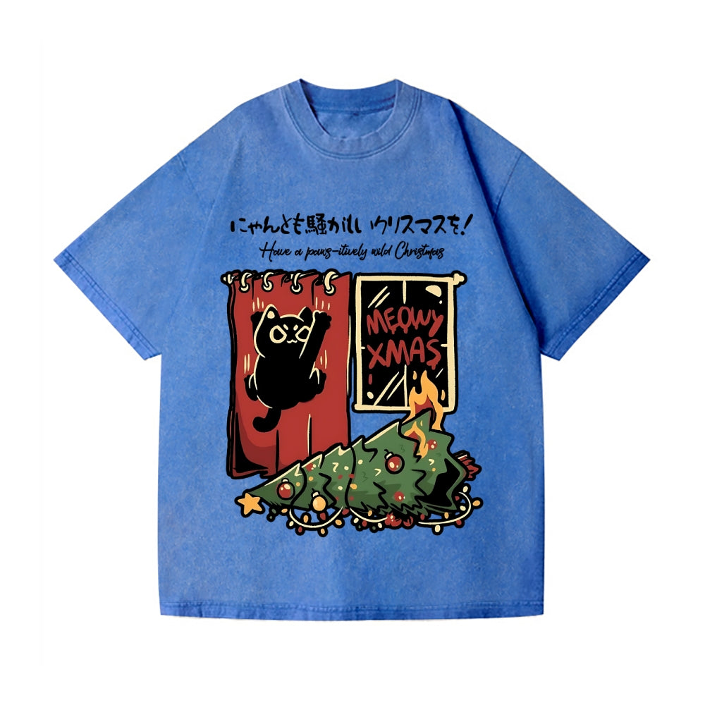 Christmas Cat Tree Vintage Wash Japanese Design T-Shirt