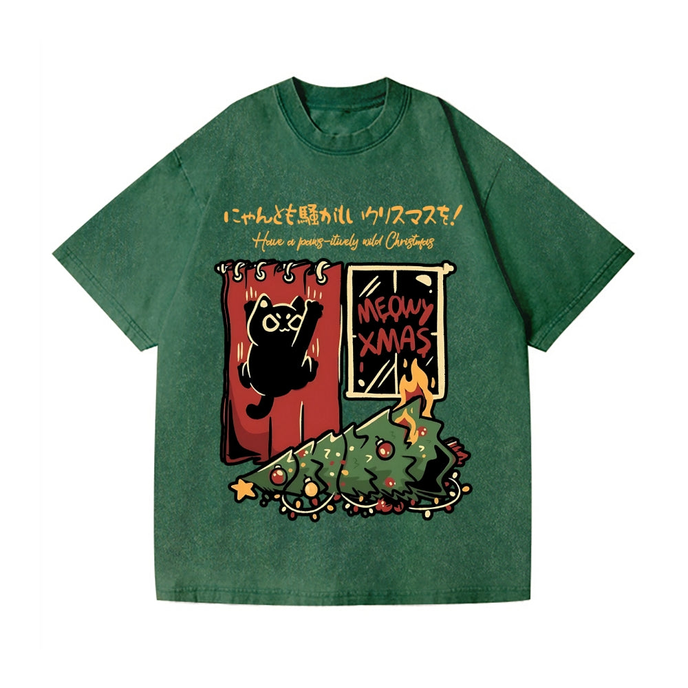 Christmas Cat Tree Vintage Wash Japanese Design T-Shirt