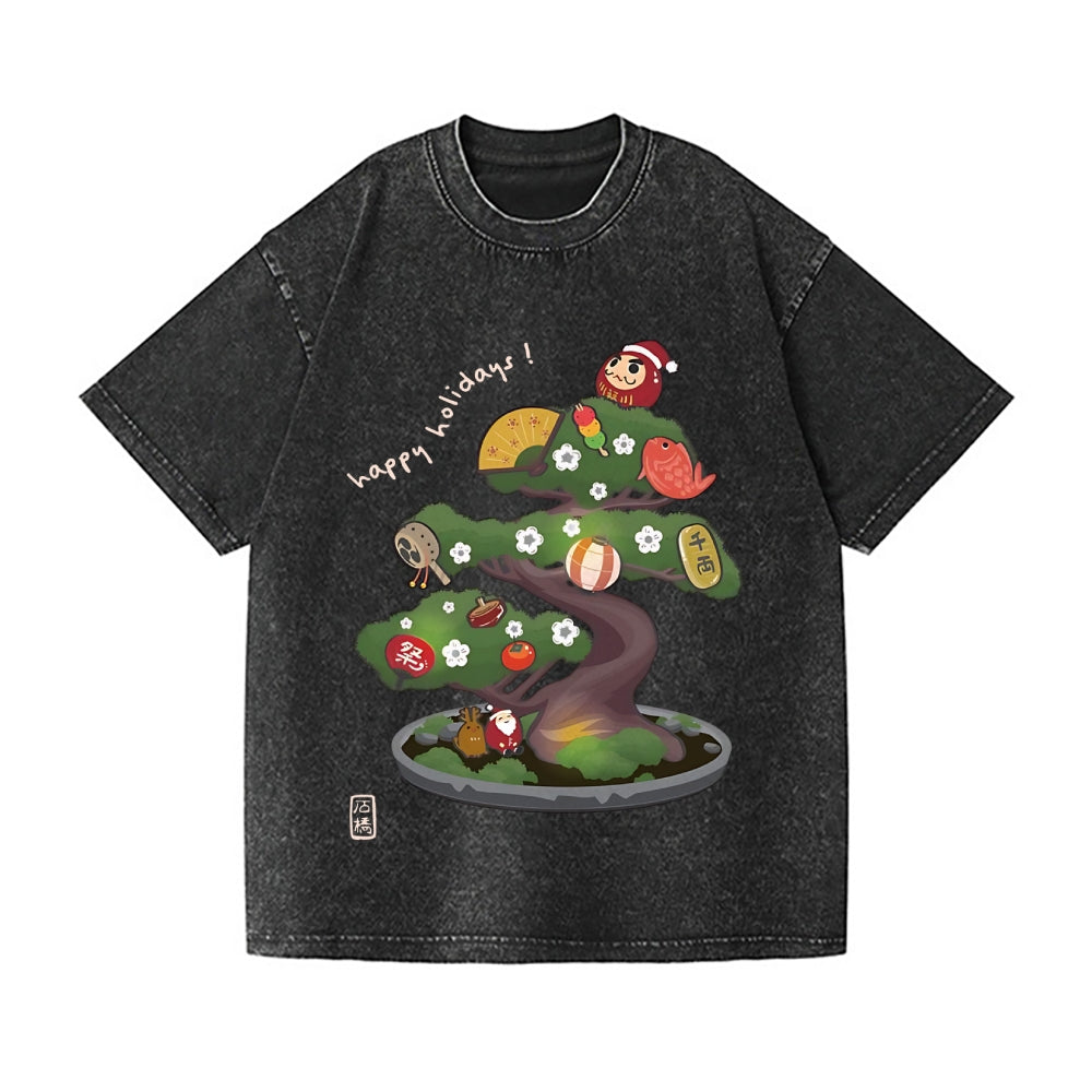 Christmas Bonsai Vintage Wash Japanese Design T-Shirt