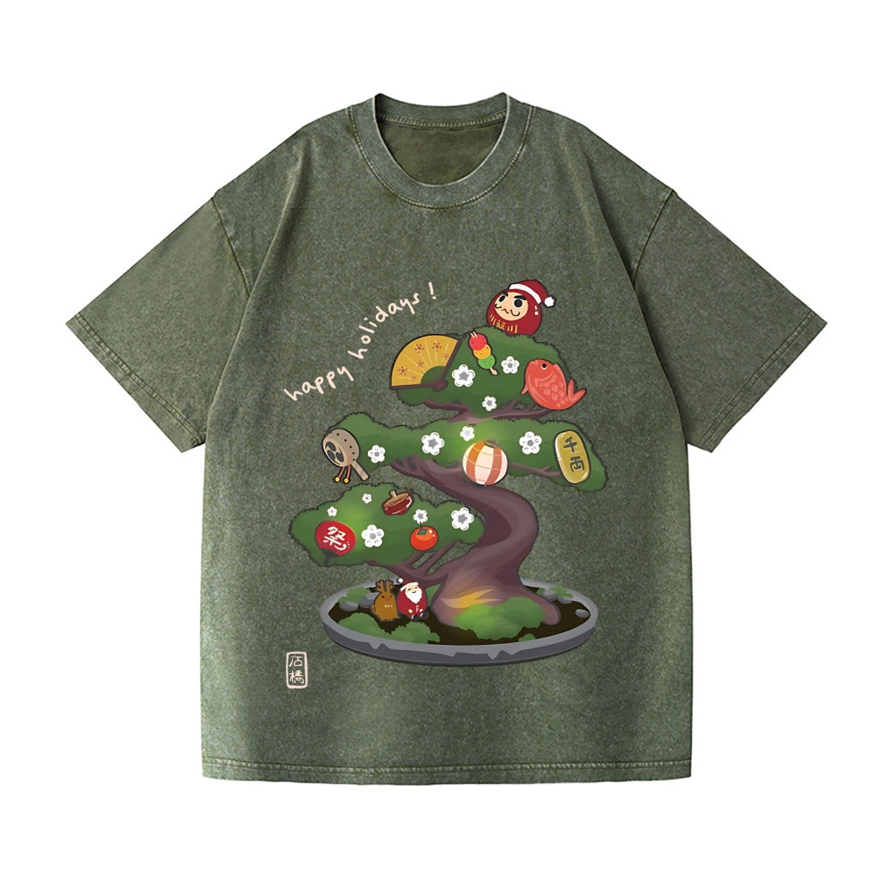 Christmas Bonsai Vintage Wash Japanese Design T-Shirt