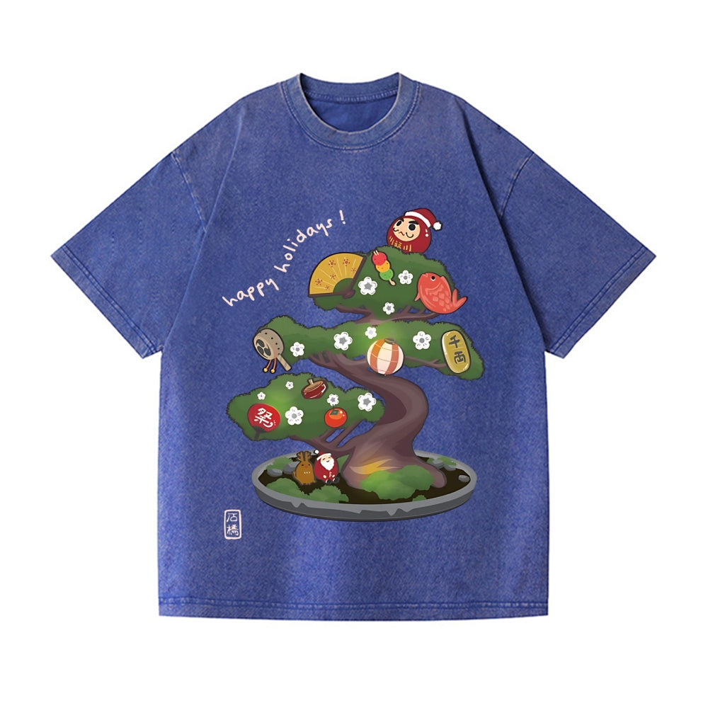 Christmas Bonsai Vintage Wash Japanese Design T-Shirt