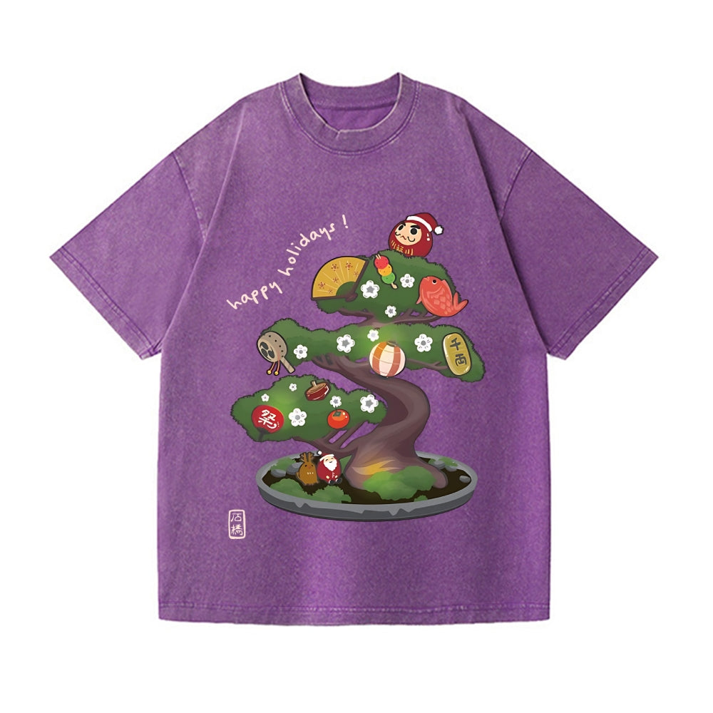 Christmas Bonsai Vintage Wash Japanese Design T-Shirt