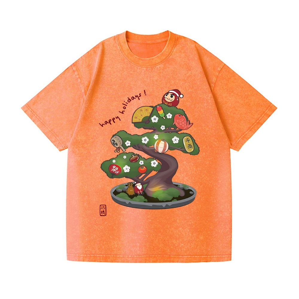 Christmas Bonsai Vintage Wash Japanese Design T-Shirt