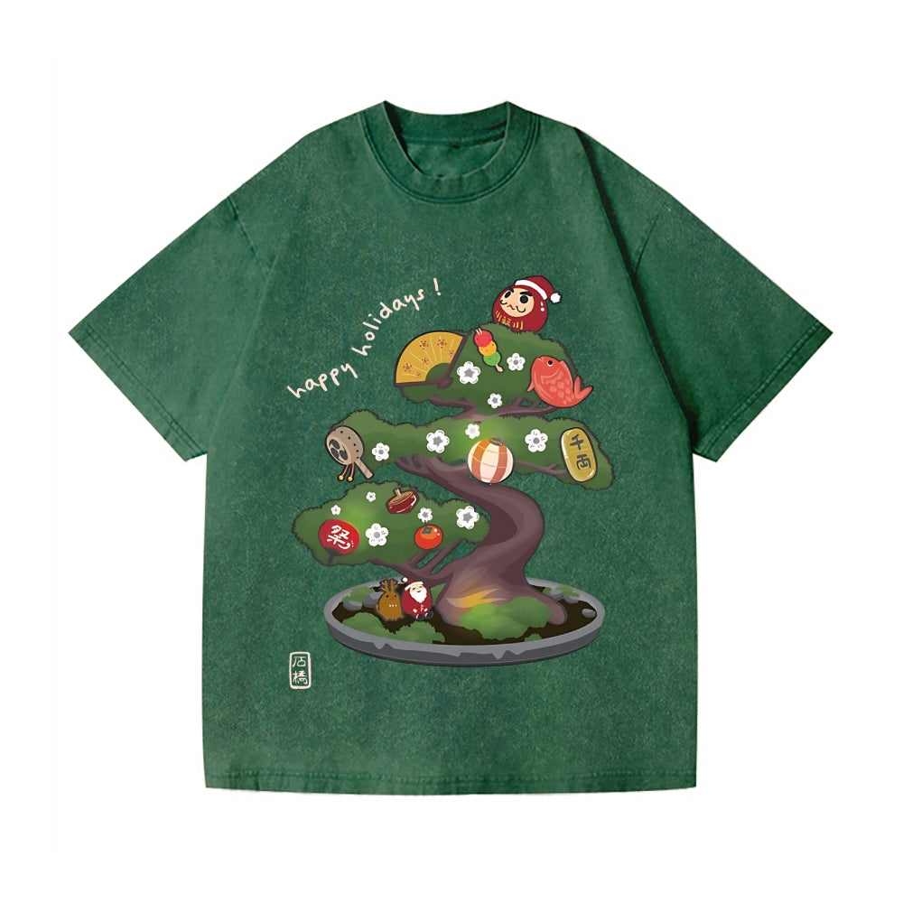 Christmas Bonsai Vintage Wash Japanese Design T-Shirt