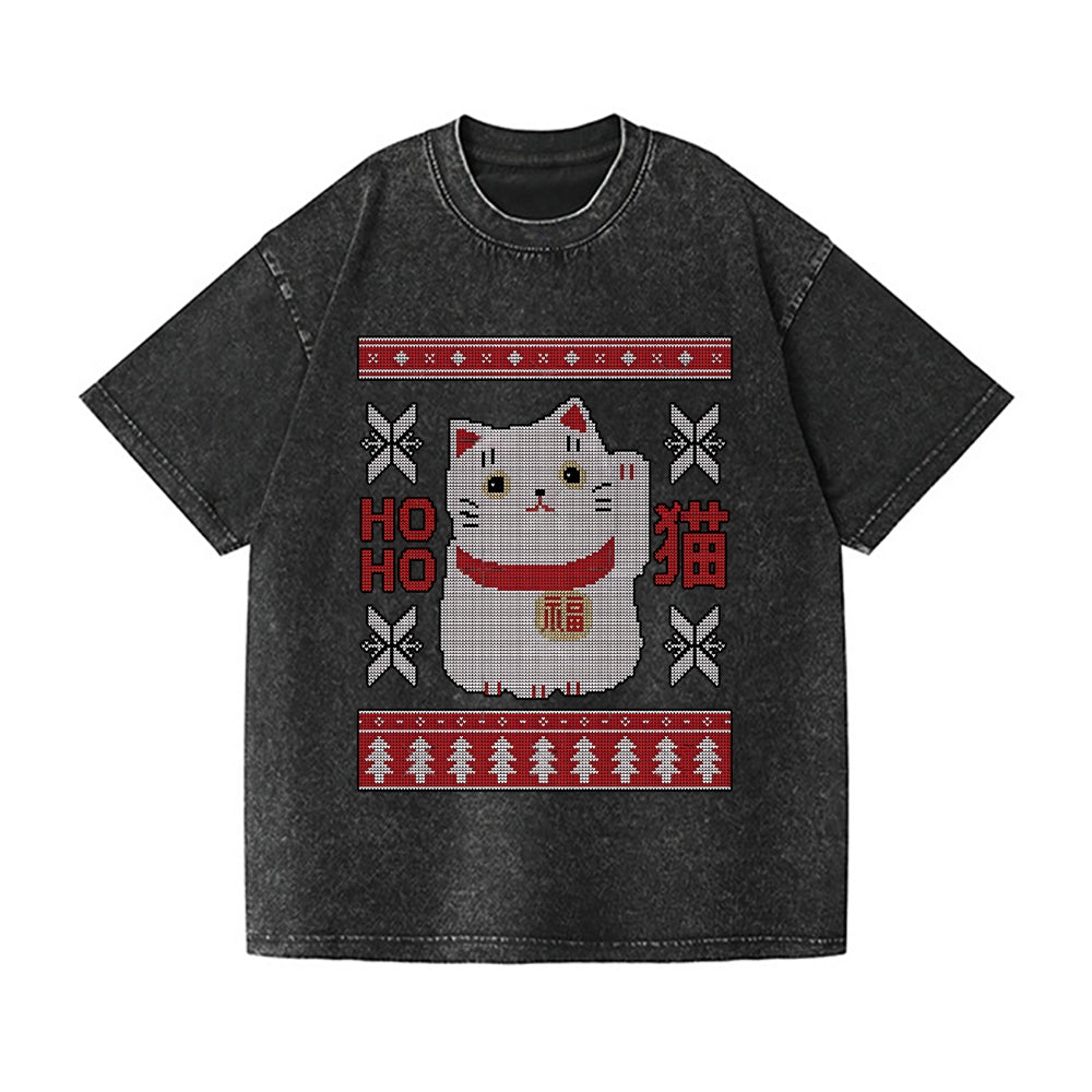 Christmas Cat Vintage Wash Japanese Design T-Shirt