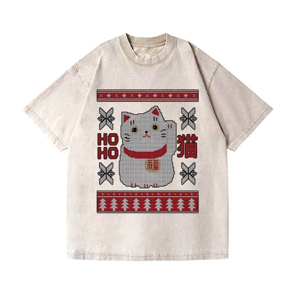 Christmas Cat Vintage Wash Japanese Design T-Shirt
