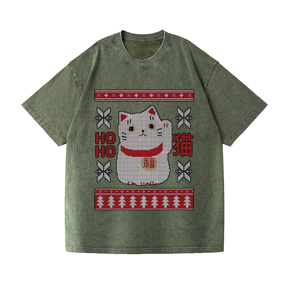 Christmas Cat Vintage Wash Japanese Design T-Shirt
