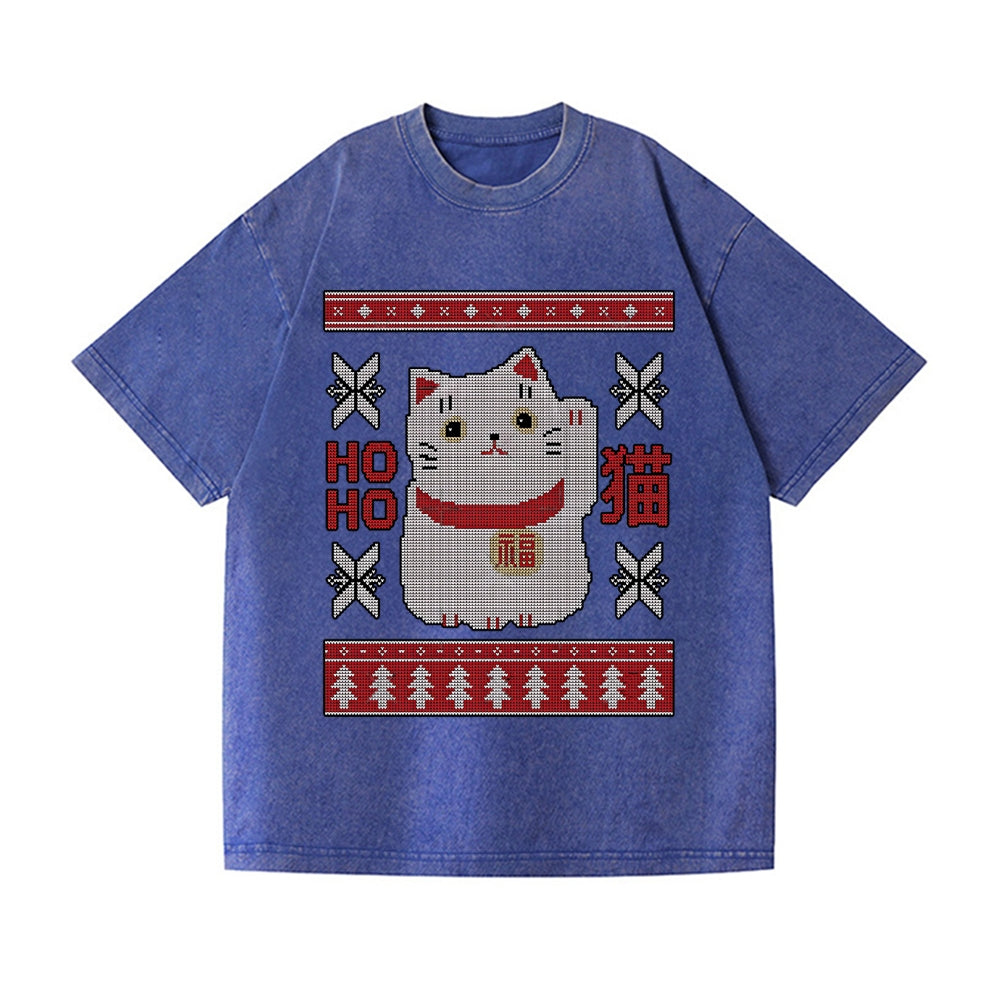 Christmas Cat Vintage Wash Japanese Design T-Shirt