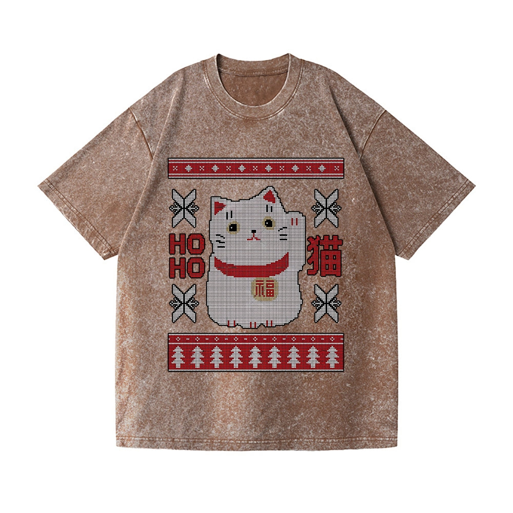 Christmas Cat Vintage Wash Japanese Design T-Shirt