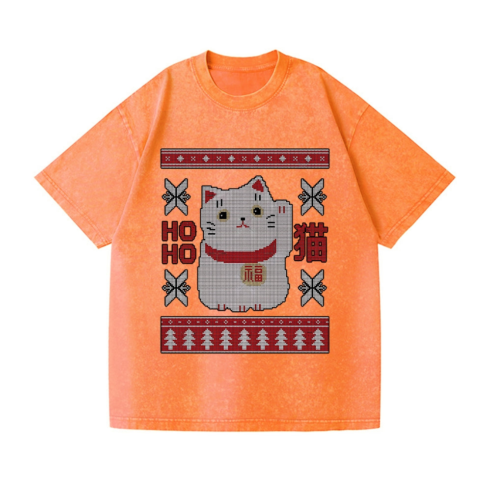 Christmas Cat Vintage Wash Japanese Design T-Shirt