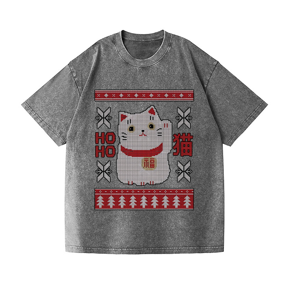 Christmas Cat Vintage Wash Japanese Design T-Shirt