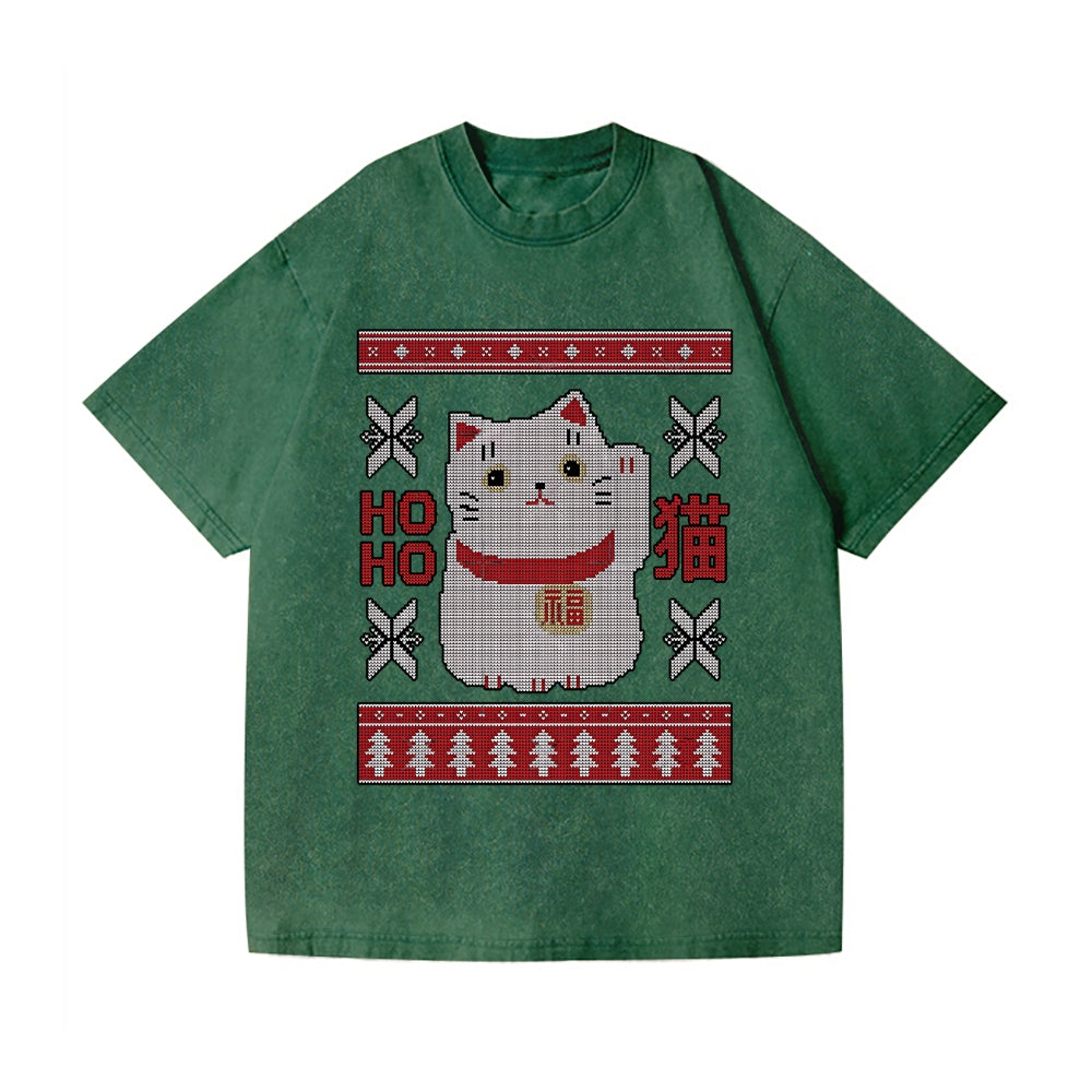 Christmas Cat Vintage Wash Japanese Design T-Shirt