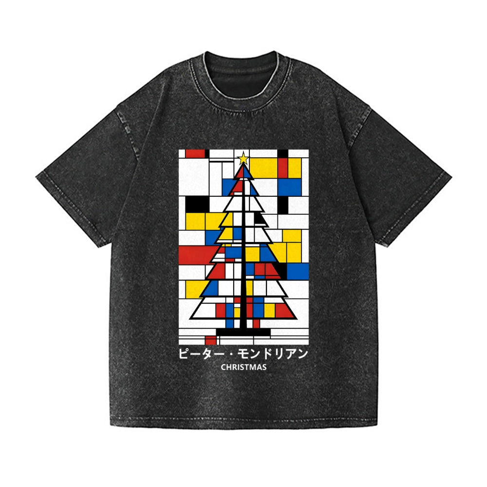 Christmas Tree Mondrian Pop Art Vintage Wash Japanese Design T-Shirt