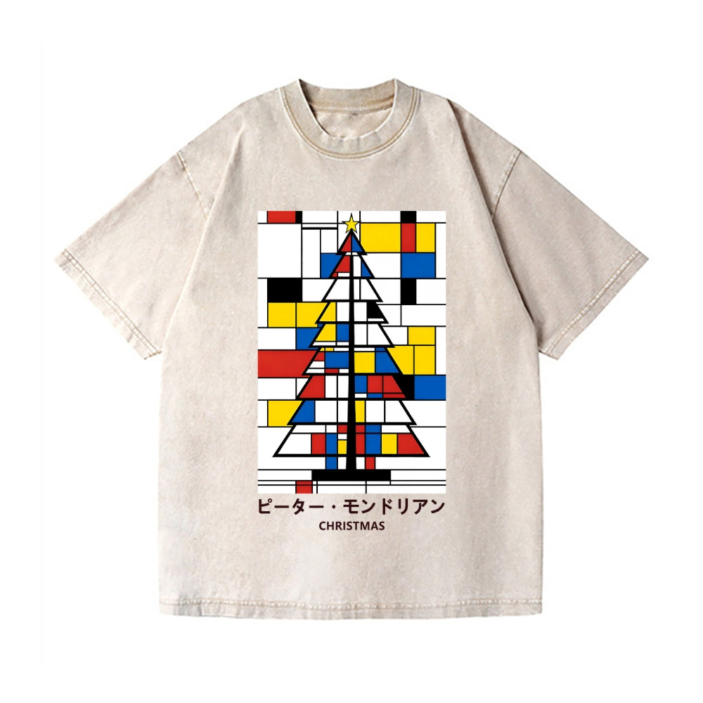 Christmas Tree Mondrian Pop Art Vintage Wash Japanese Design T-Shirt