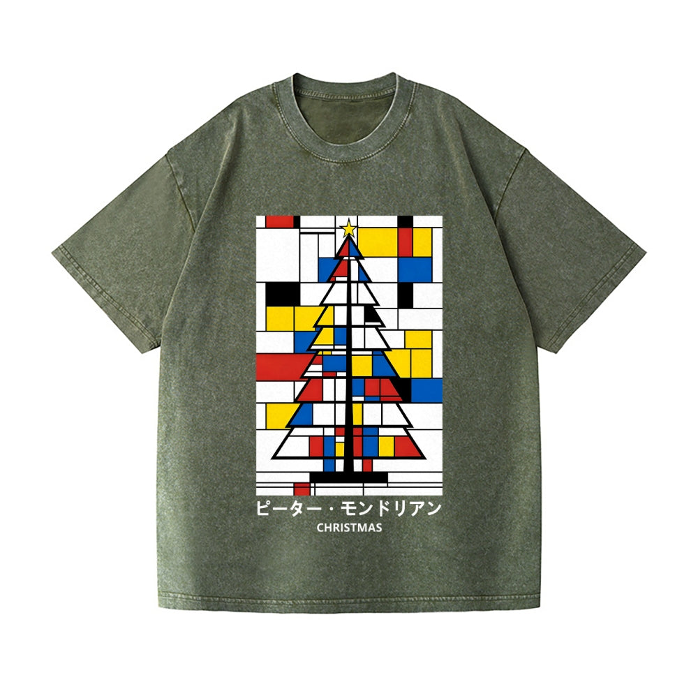 Christmas Tree Mondrian Pop Art Vintage Wash Japanese Design T-Shirt