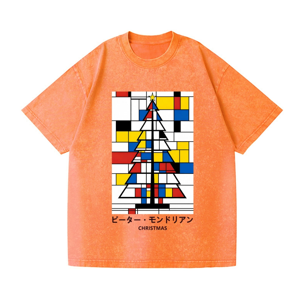 Christmas Tree Mondrian Pop Art Vintage Wash Japanese Design T-Shirt