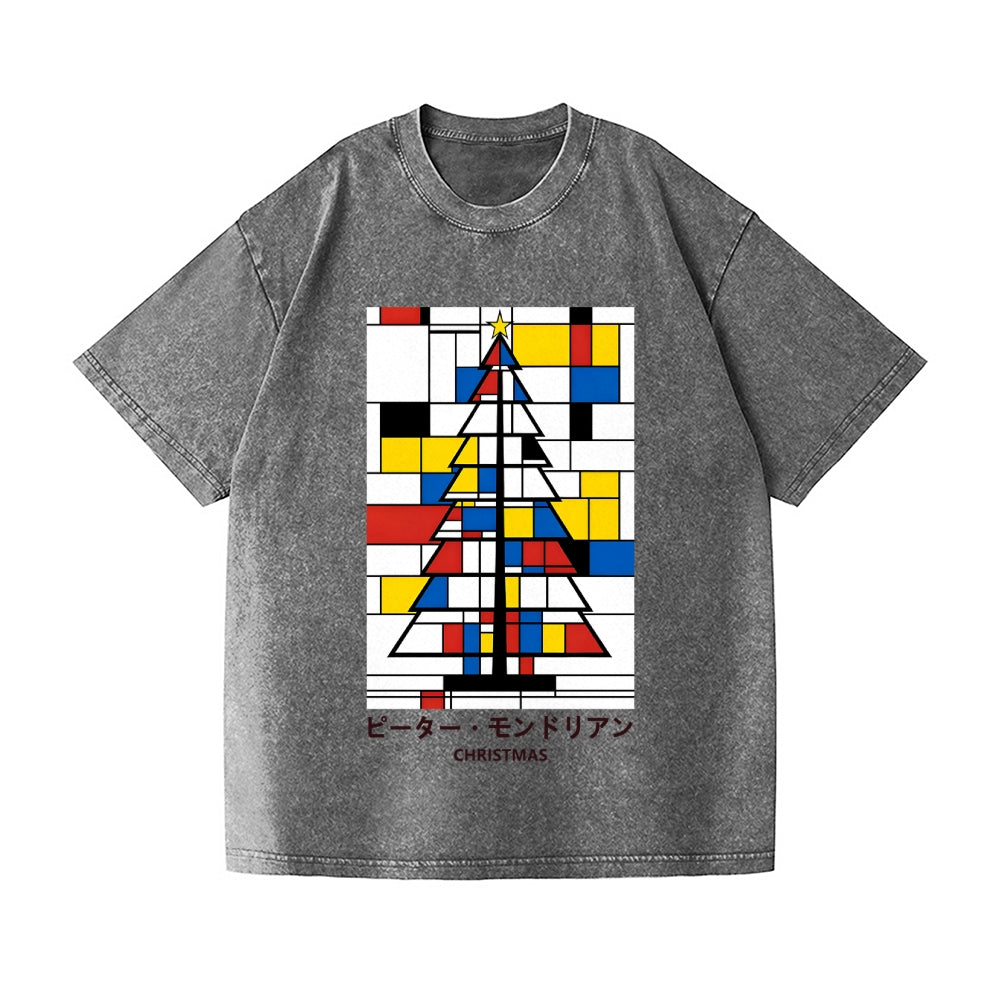 Christmas Tree Mondrian Pop Art Vintage Wash Japanese Design T-Shirt