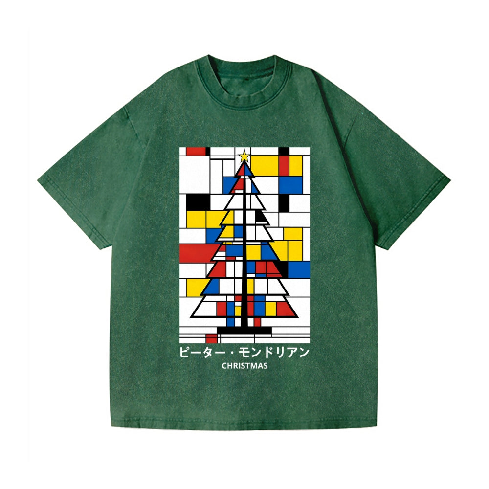 Christmas Tree Mondrian Pop Art Vintage Wash Japanese Design T-Shirt
