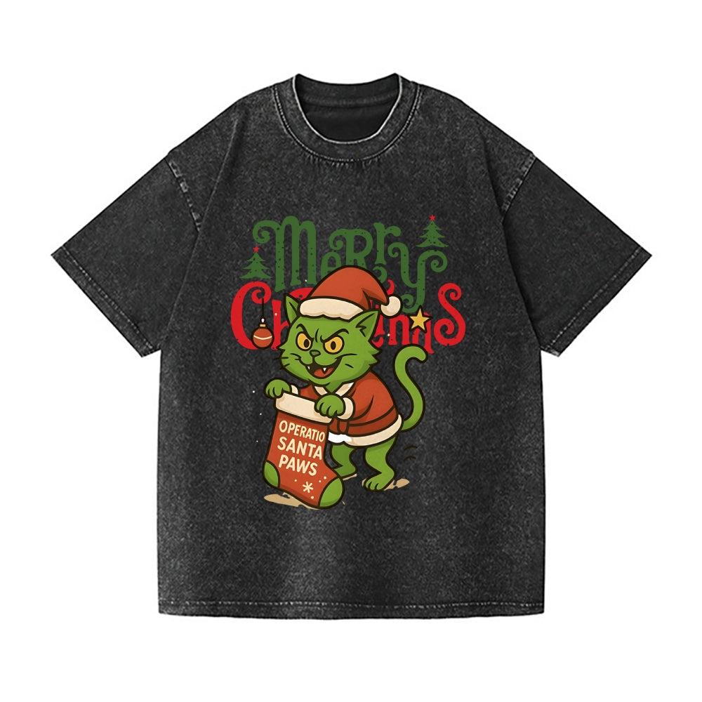 Christmas Cat Vintage Wash Japanese Design T-Shirt