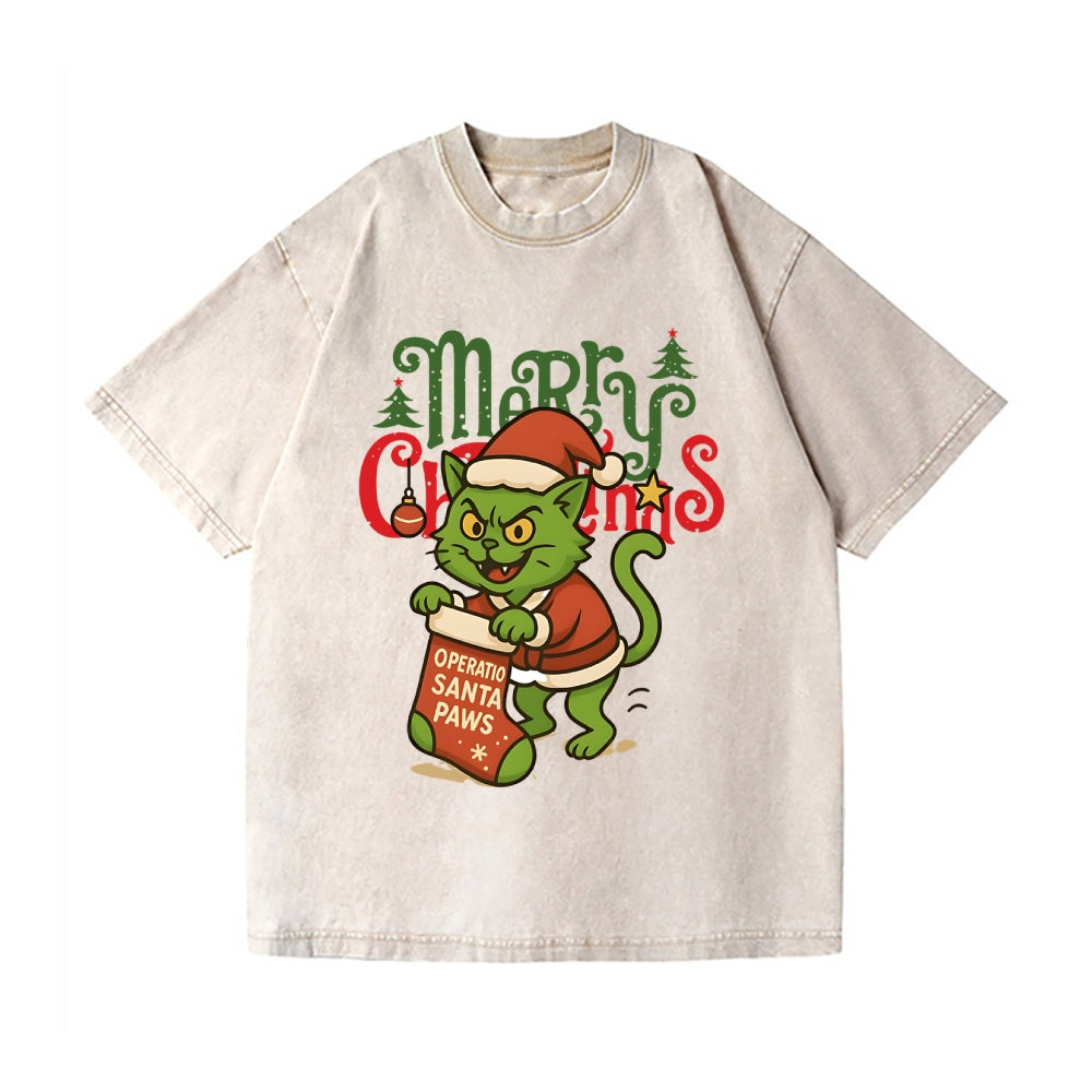 Christmas Cat Vintage Wash Japanese Design T-Shirt