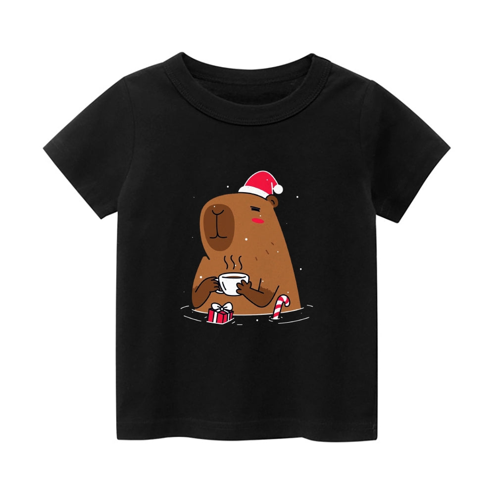 Christmas Capybara Vintage Kids Cotton T-shirt