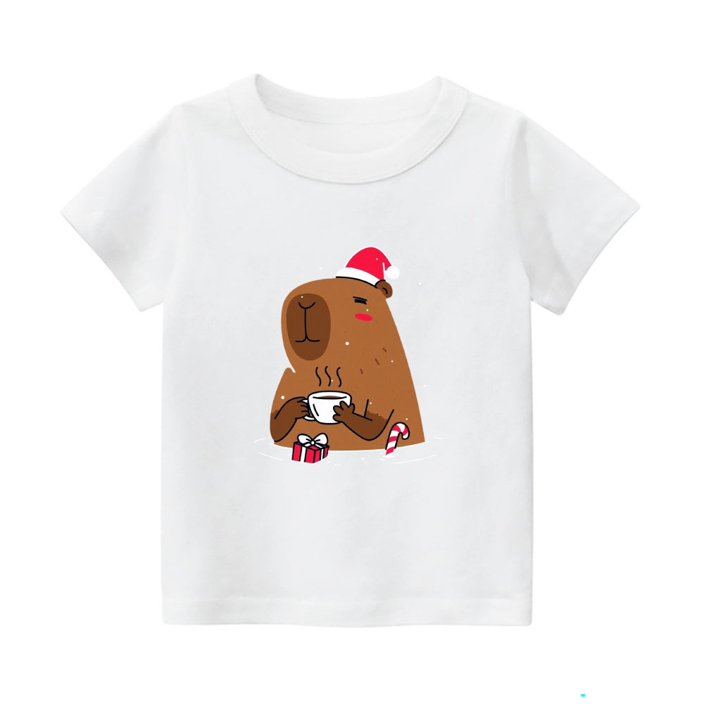 Christmas Capybara Vintage Kids Cotton T-shirt