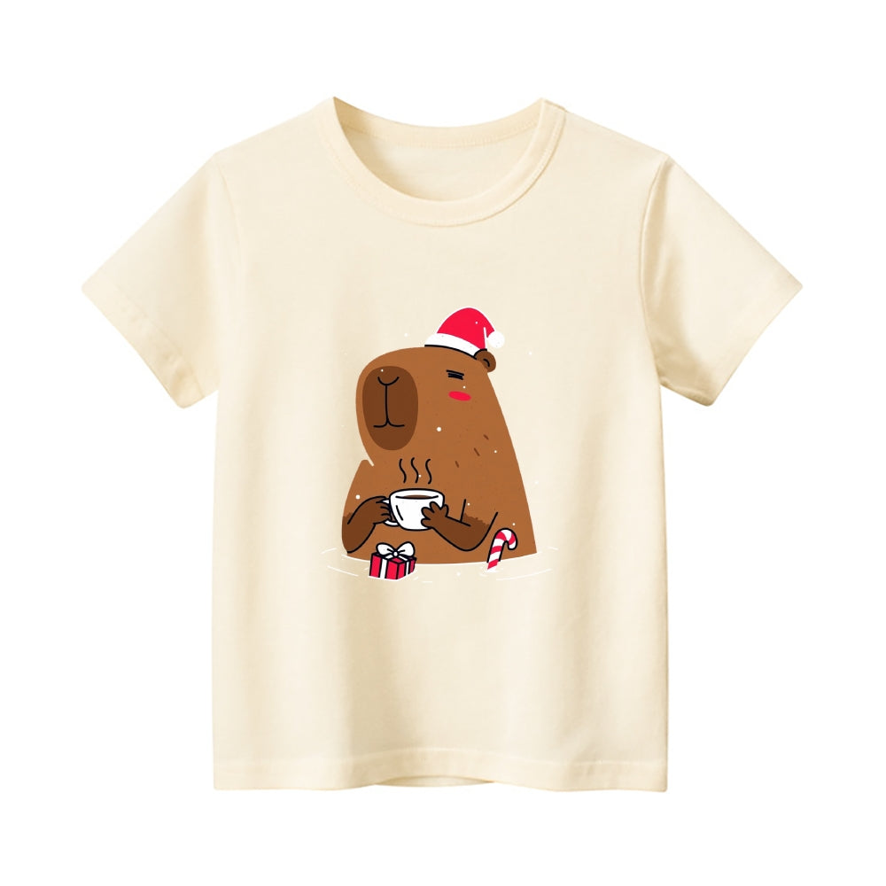 Christmas Capybara Vintage Kids Cotton T-shirt