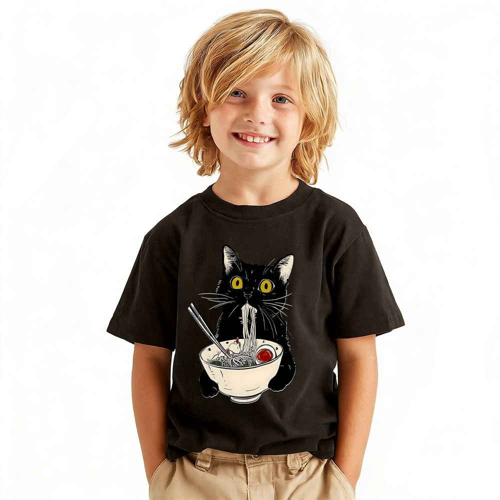 Cat Ramen Vintage Kids Cotton T-shirt