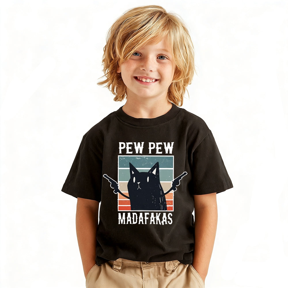 Pew Pew Cat Vintage Kids Cotton T-shirt