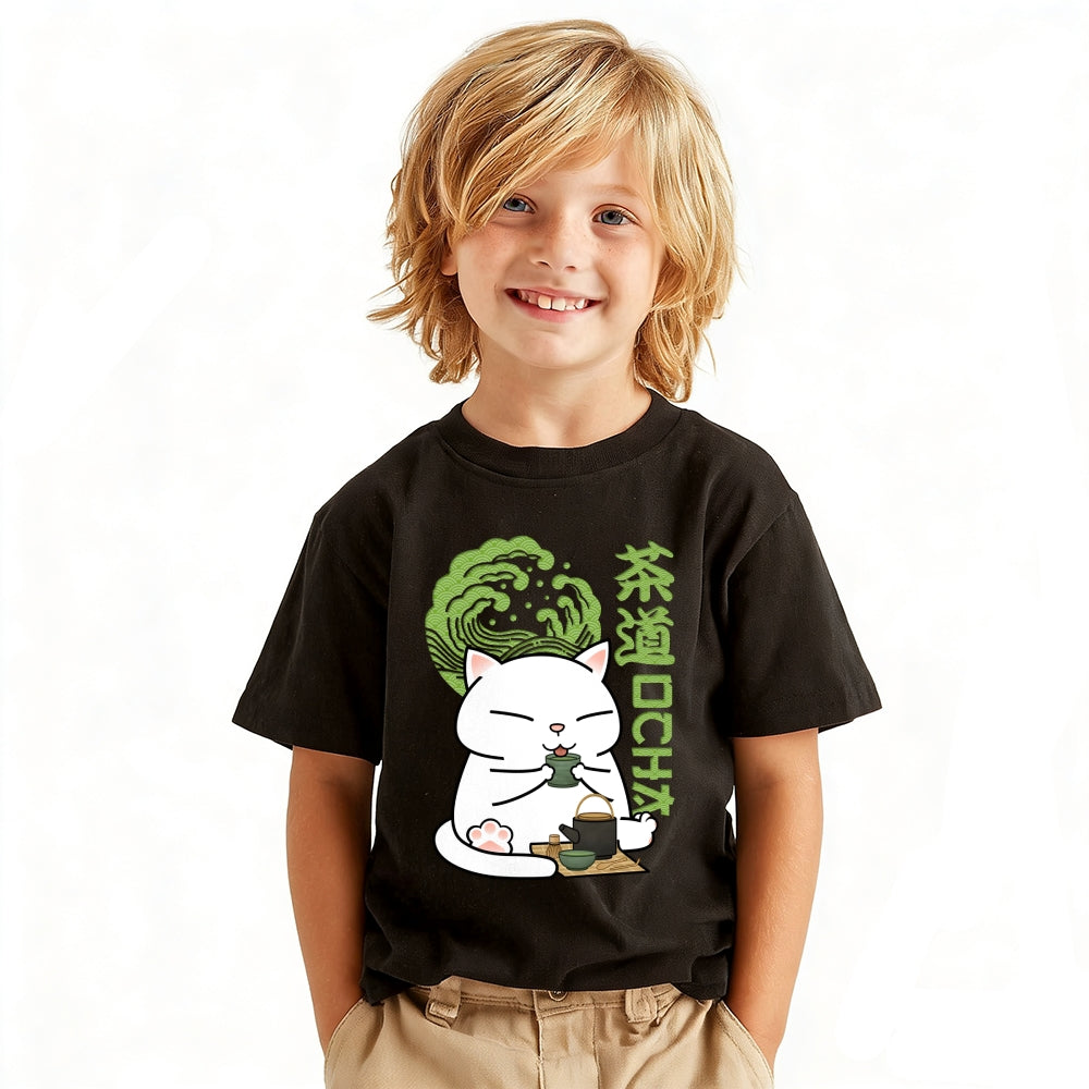 Green Tea Cat Vintage Kids Cotton T-shirt