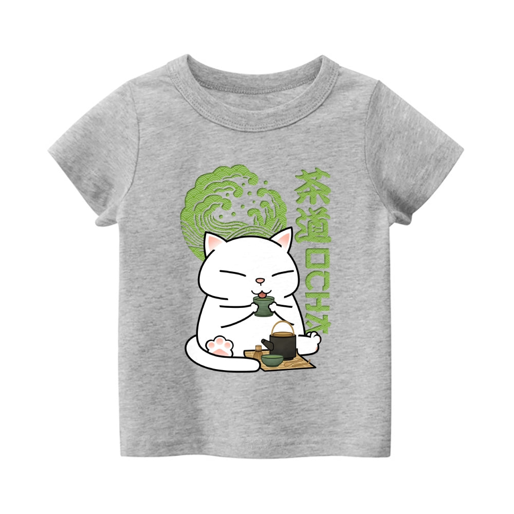 Green Tea Cat Vintage Kids Cotton T-shirt