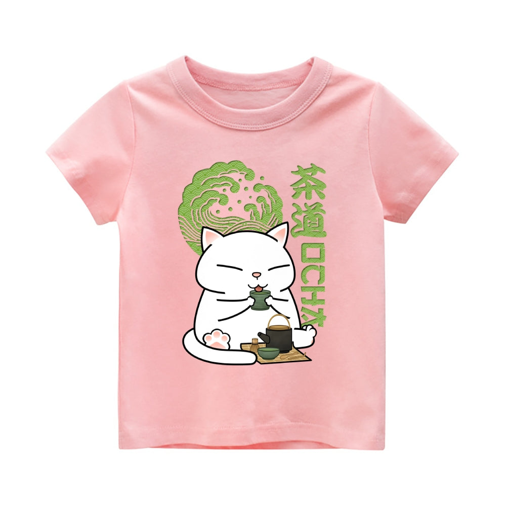 Green Tea Cat Vintage Kids Cotton T-shirt
