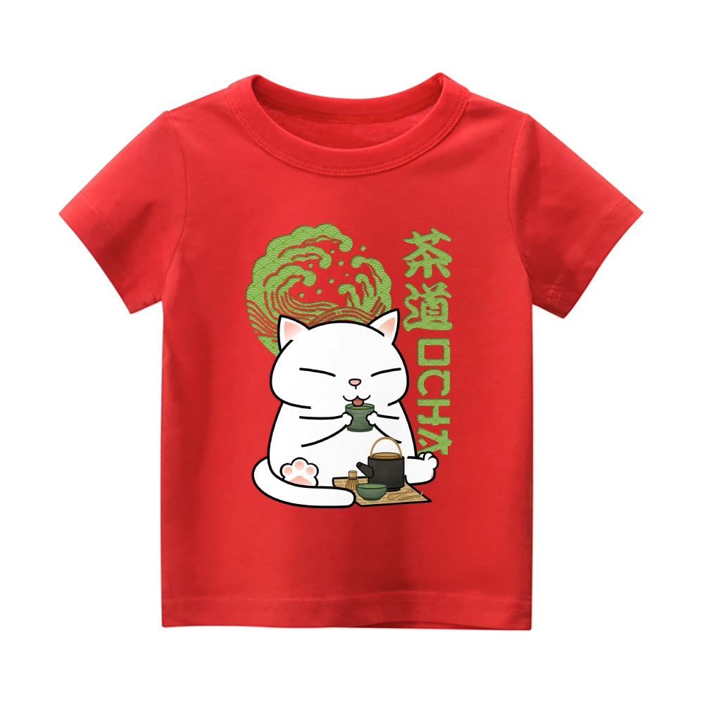 Green Tea Cat Vintage Kids Cotton T-shirt