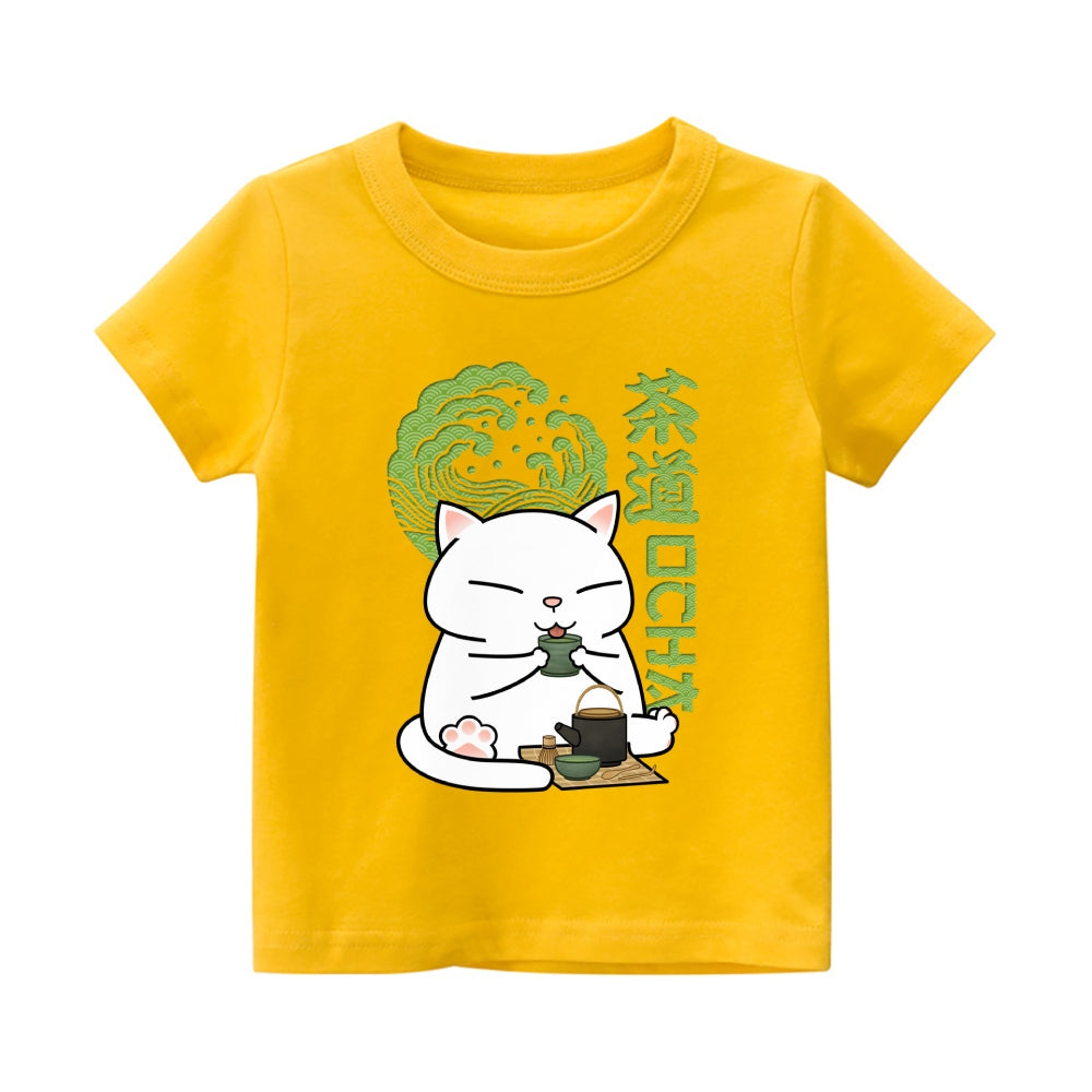 Green Tea Cat Vintage Kids Cotton T-shirt