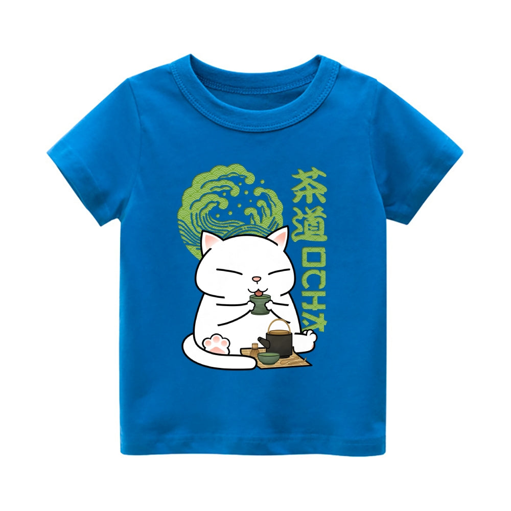 Green Tea Cat Vintage Kids Cotton T-shirt