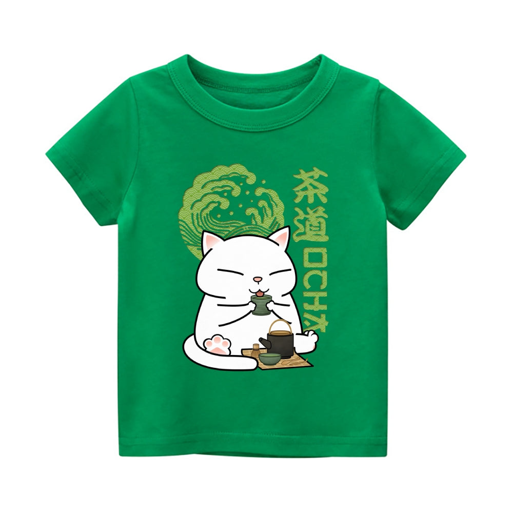 Green Tea Cat Vintage Kids Cotton T-shirt