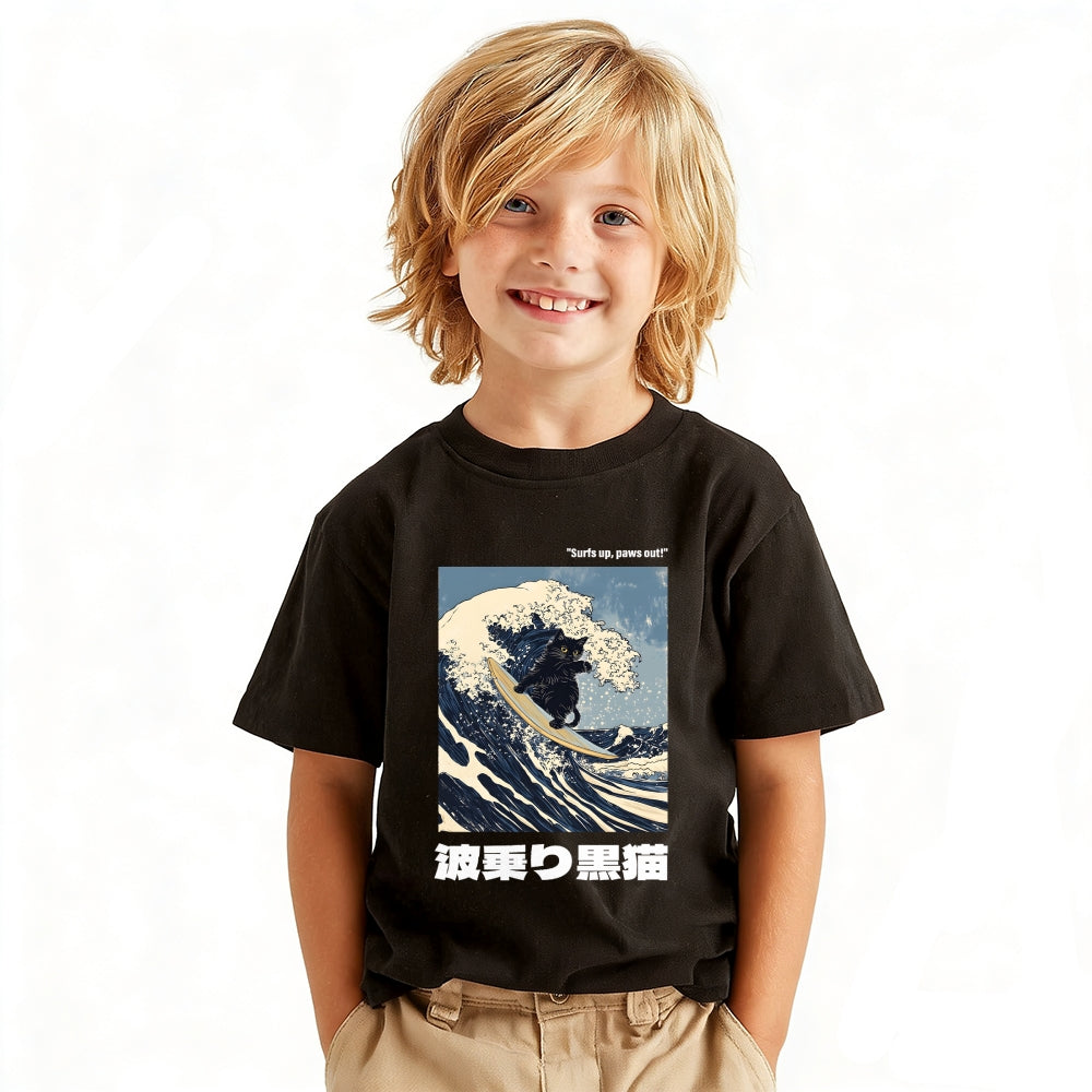 Great Wave Cat Vintage Kids Cotton T-shirt