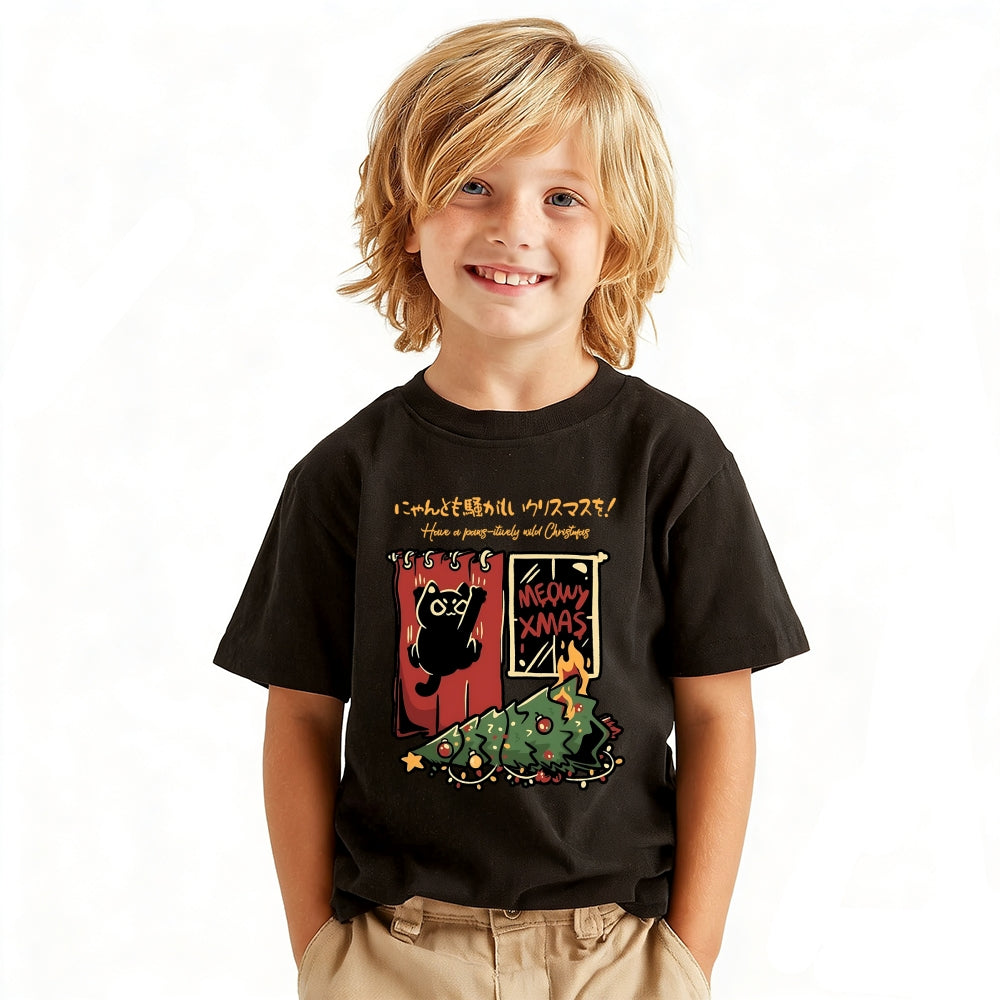 Christmas Cat Vintage Kids Cotton T-shirt