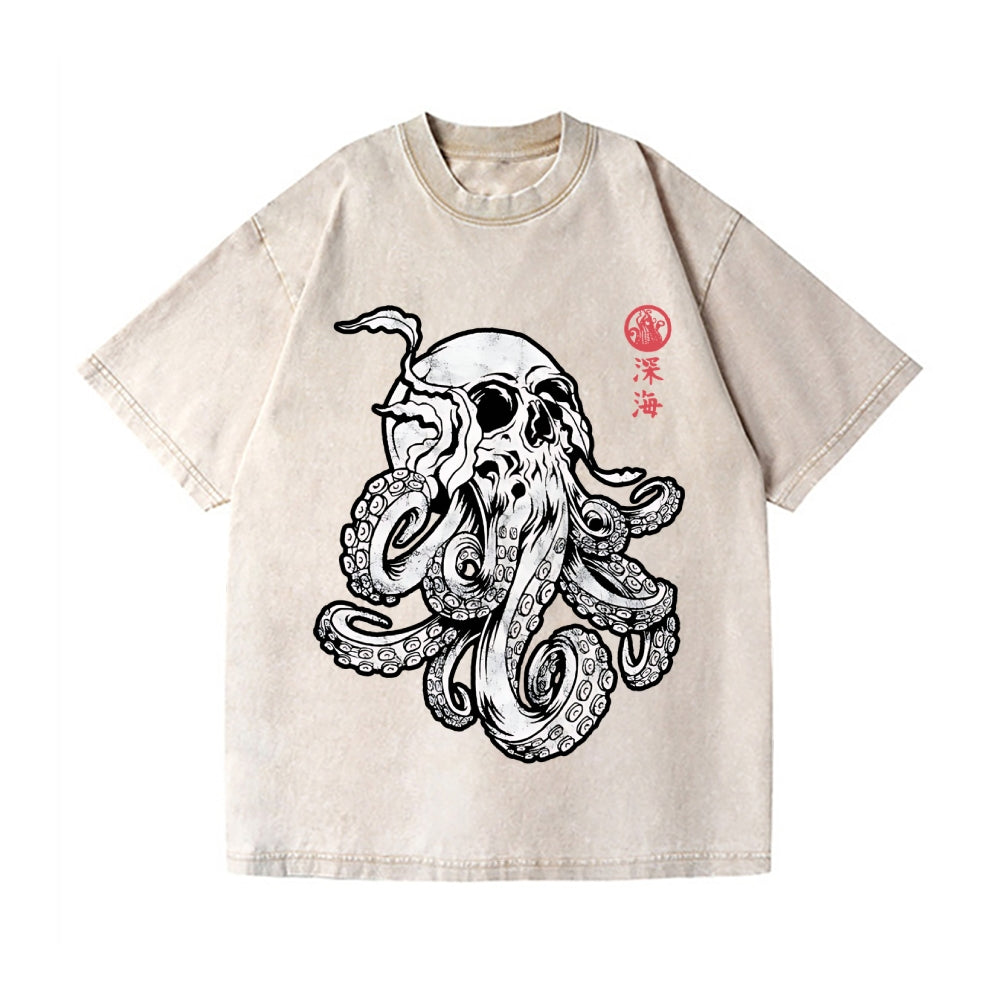 Skull Octopus Vintage Wash Japanese Design T-Shirt