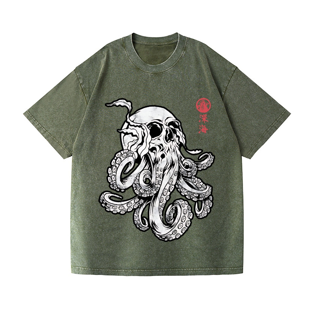 Skull Octopus Vintage Wash Japanese Design T-Shirt