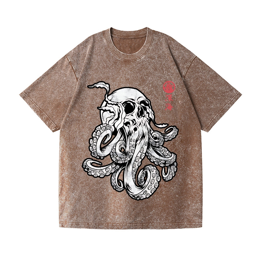 Skull Octopus Vintage Wash Japanese Design T-Shirt