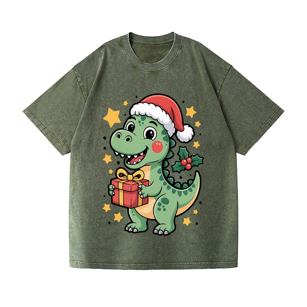 Christmas Dinosaur Vintage Wash Japanese Design T-Shirt