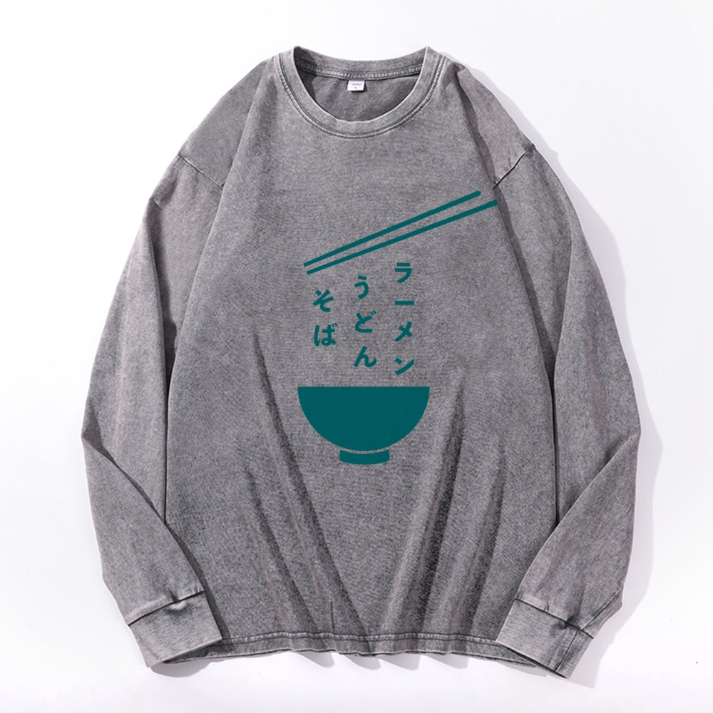 Udon Noodle Vintage Cotton Wash Crewneck Long-Sleeve T-Shirt